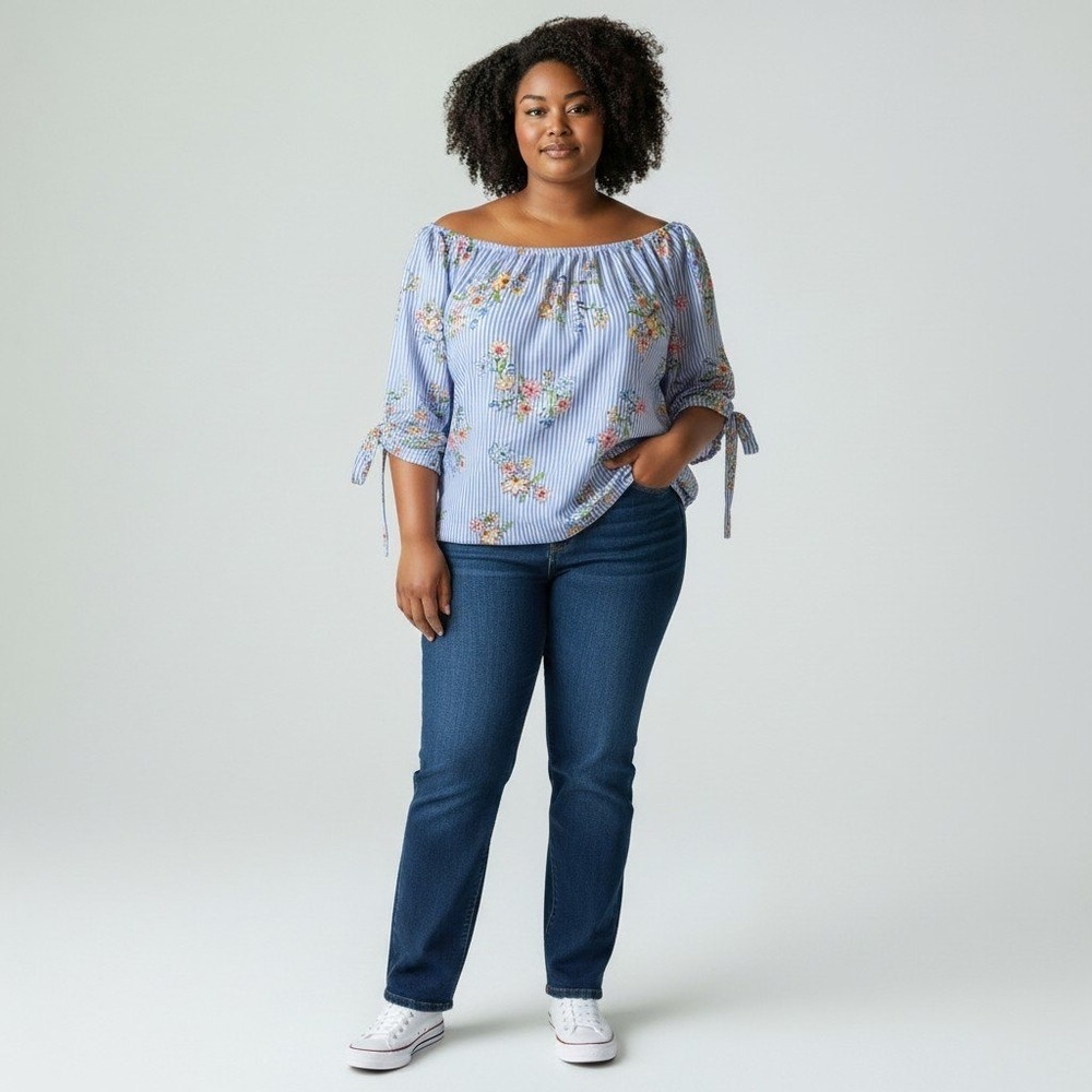 CLEARANCE Haute Project Off-Shoulder Top Polyester 3XL Blue Floral Stripe